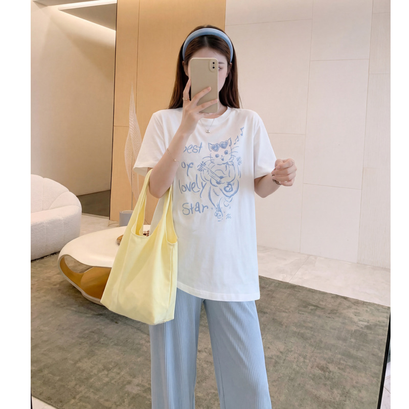 Maternity Wear Korean Style Casual Sports Top Summer Fun Cute Cat Print Pure Cotton Short-Sleeved White T-Shirt Thin