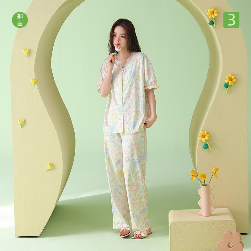 【Antibacterial Xinjiang Cotton】Soft and Sweet Stretch Cotton Spring/Summer Short-Sleeve Long-Pants Pajamas for Women, Pure Cotton Korean-Style Set