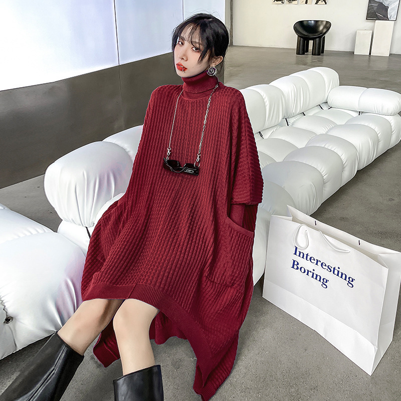 Estilo americano turtleneck Vestido de punto de las mujeres otoño nueva suelta adelgazamiento nicho diseño estilo occidental irregular suéter vestido