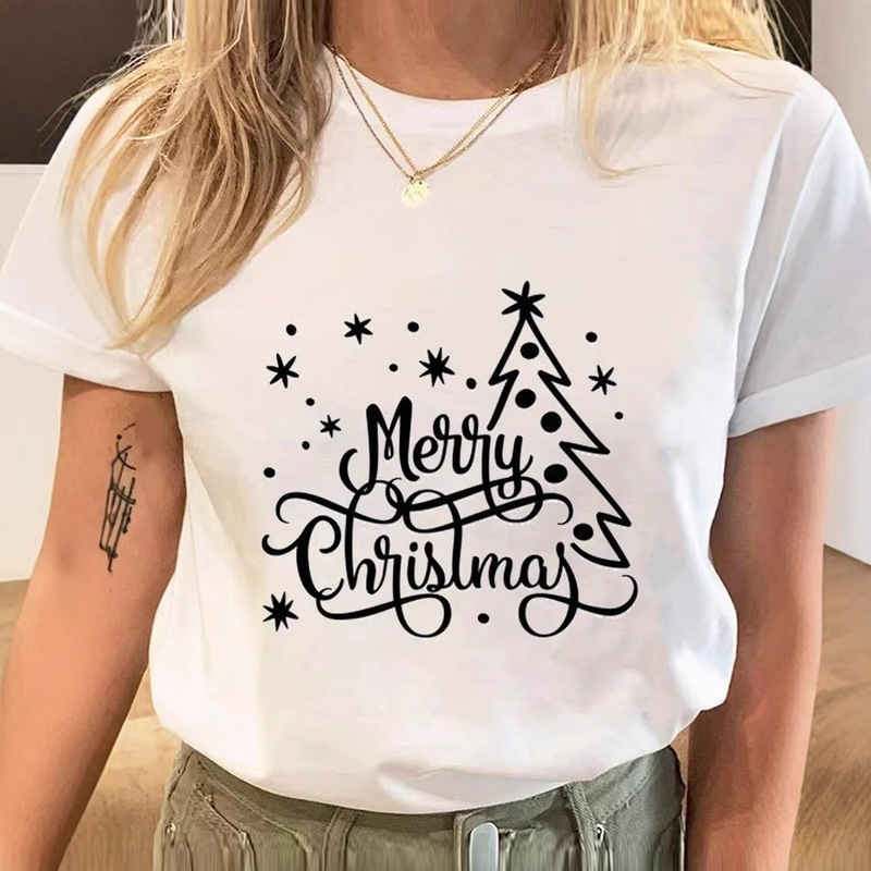Fashion New Year Short Sleeve T-Shirt Printed Letters Snowflake 90S Clothing Costume Holiday t Christmas Graphic T-Shirt