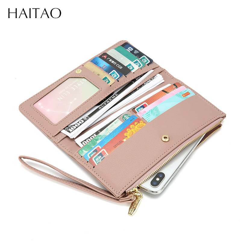 Haitao nuevo pu cartera simple japonés y coreano multi-Tarjeta embrague transfronterizo largo doble cartera color sólido