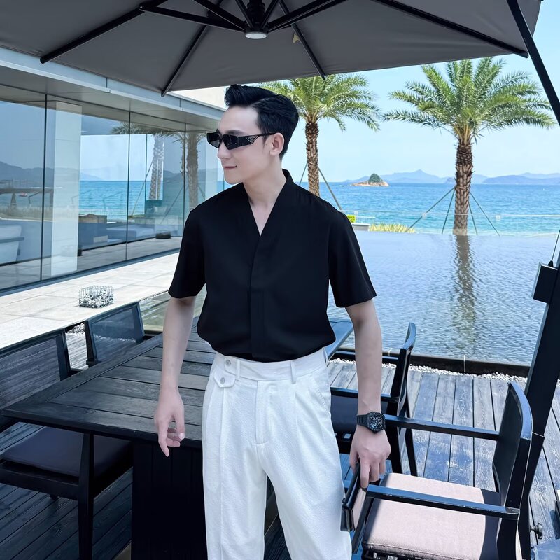 V-Neck Men's 2025 New Shirt Long-Sleeved Handsome Deep V Top High-Feeling Duffy Handsome Spring Men's Collarless Shirt