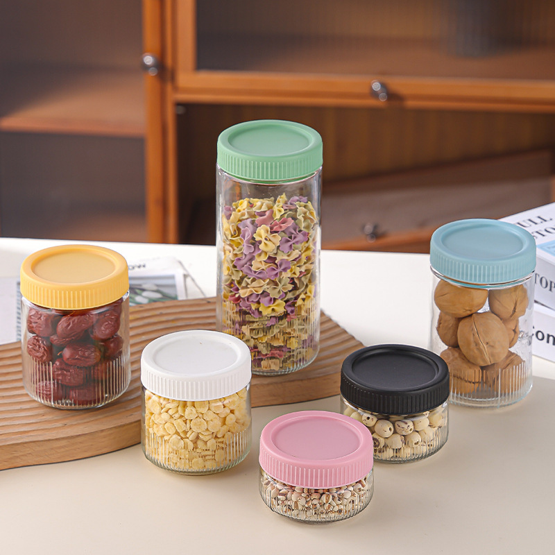 Tanque de almacenamiento de vidrio a rayas multifuncional granos domésticos granos de cocina frutas secas frasco sellado botella de salsa de miel
