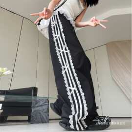 超看蝴蝶结蕾丝边竖条阔腿裤女春夏新休闲束脚两穿速干装裤图片色