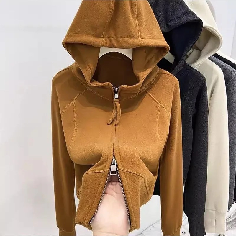 Women's double-zip fleece hooded sweatshirt cardigan, new winter style, slim-fit, short, warm, and suitable as a base layer