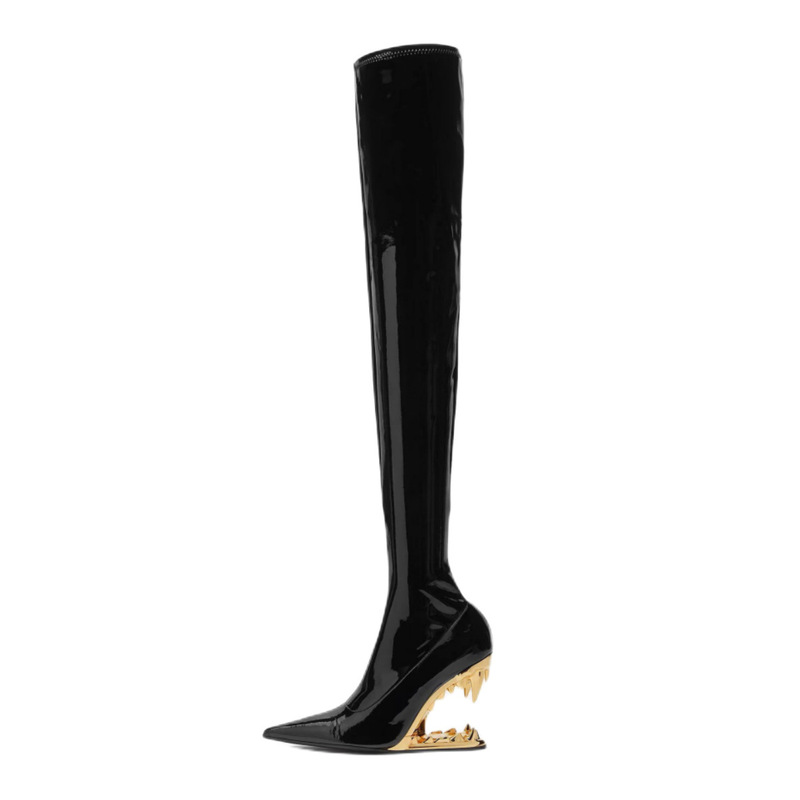 2025 New Style Tiger Tooth Special-Shaped Heel Women's Pointed Toe High-Heeled Patent Leather Sexy Fashion Leg-Covering Elastic Boots Over-The-Knee Boots