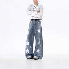 夏季美式星星牛仔裤男2025新款宽松直筒男裤潮牌水洗阔腿裤子男款