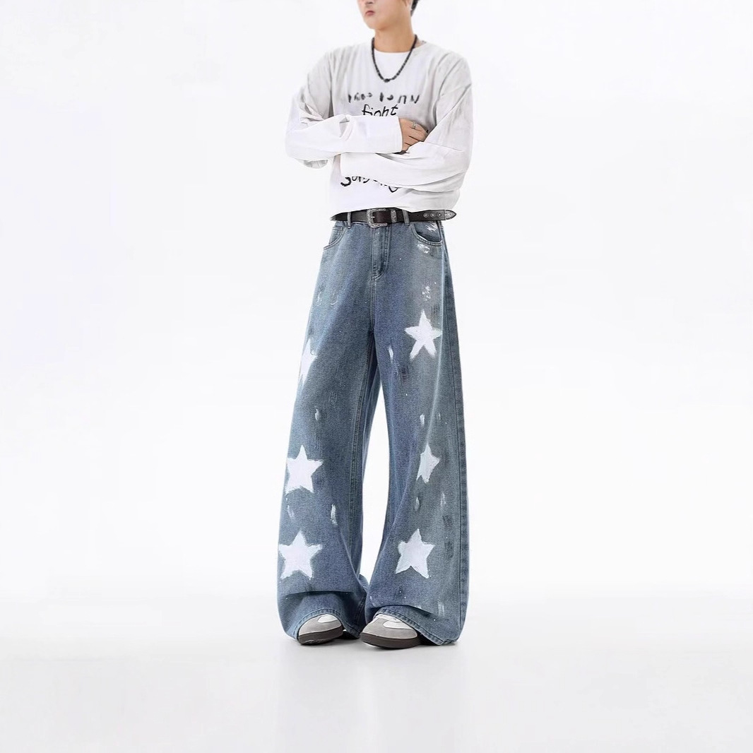 夏季美式星星牛仔裤男2025新款宽松直筒男裤潮牌水洗阔腿裤子男款