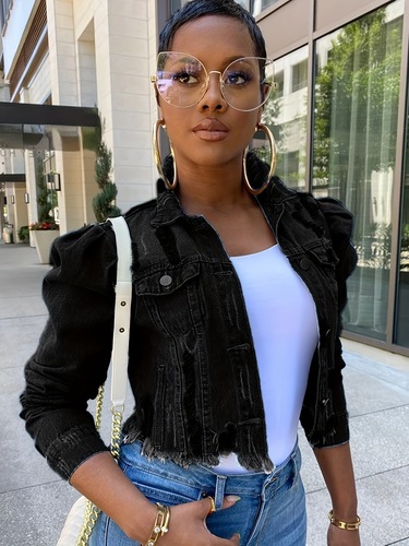Women's Distressed Denim Jacket Casual Black Cropped Jean