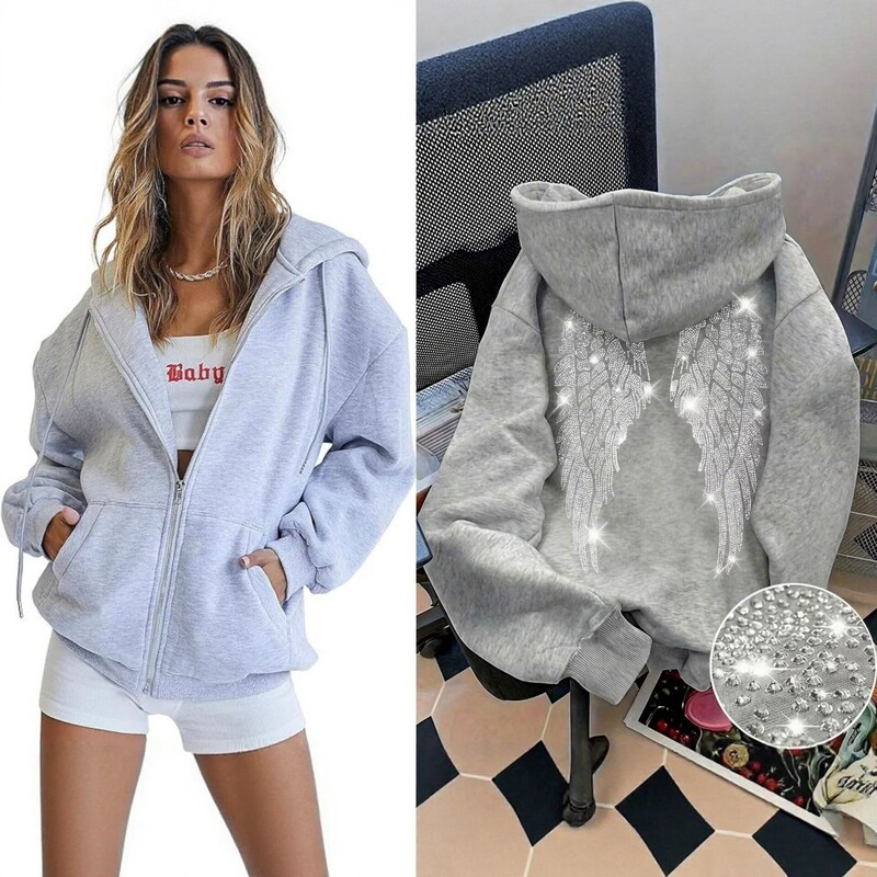 2026 New Cross-Border Rhinestone Angel Wings Hooded Zipper Sweatshirt for Women, Loose Casual Jacket, Fashion Trendy Style