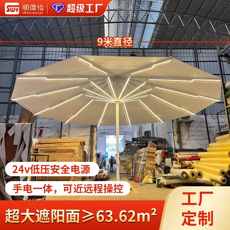 户外大型遮阳伞沙滩公园咖啡厅7米超大中柱伞景观抗风带灯星光伞