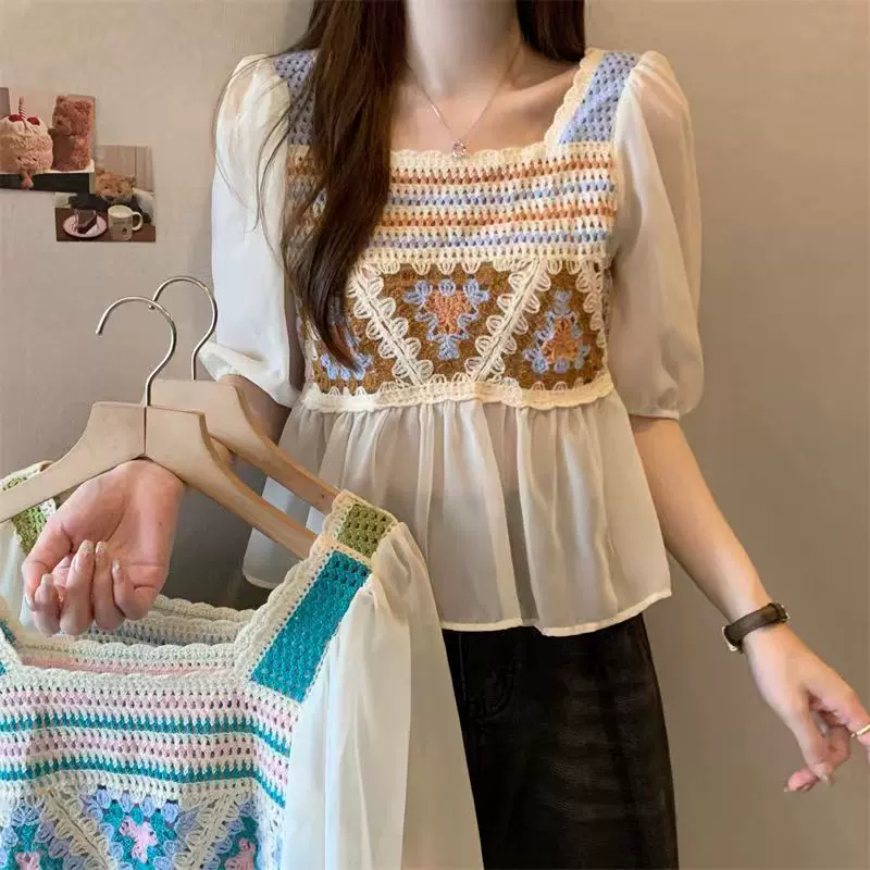 夏季新款雪纺衫防晒小披肩钩花百搭镂空针织外搭可爱甜美清新