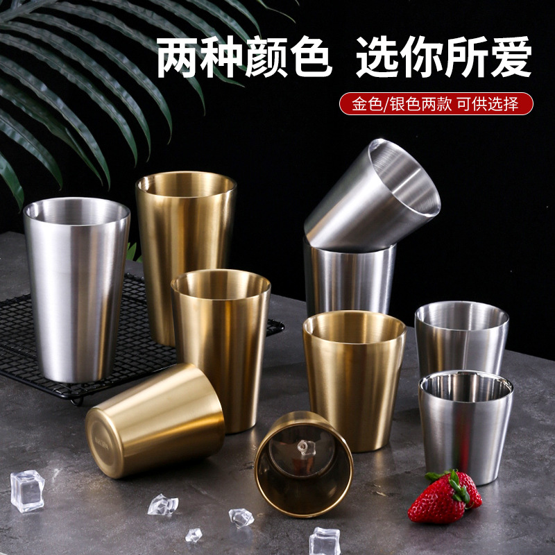 304不鏽鋼雙層杯韓式烤肉冷飲餐廳茶水飲料牛奶啤酒水杯金色批發