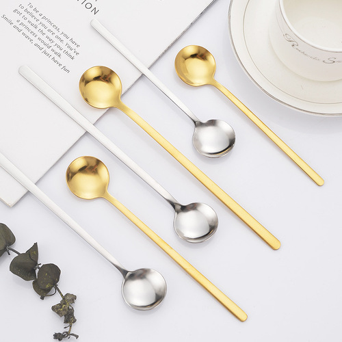 Stainless steel small round spoon household long handle coffee stirring spoon dessert spoon high appearance golden ice spoon honey spoon wholesale