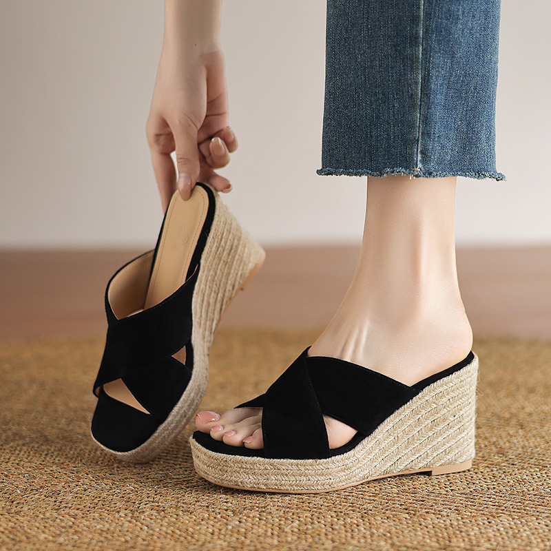 Sandal cao gót nữ quai ngang đế xuồng đan dày — Màu đen