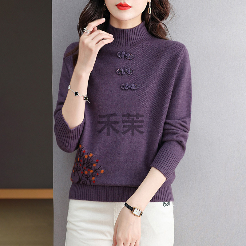 M 중국식 어머니의 가을과 겨울 새로운 중년 여성 스웨터 서양식 자수 니트 베이스 셔츠 하프 하이 칼라