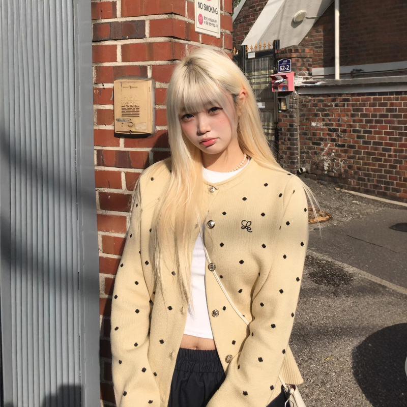 Polka Dot Knitted Cardigan Spring New Style Retro College Style High-End Rolled Collar Versatile Slimming Sweater Jacket