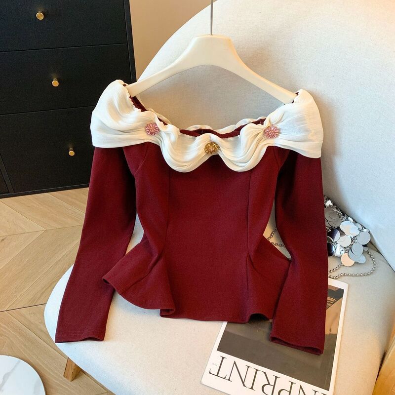 Chanel-Style Velvet Ruffled Long-Sleeve T-Shirt for Women, 2025 Autumn/Winter Pure Desire Off-Shoulder Top, Stunning Base Layer Chanel-Style Velvet Ruffled Long-Sleeve T-Shirt for Women, 2025 Autumn/Winter Pure Desire Off-Shoulder Top, Stunning Base Layer
