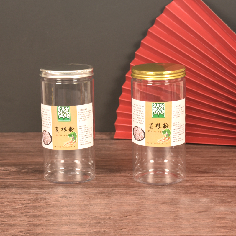 8518 polvo de raíz de kudzu Pueraria salvaje envasado de plástico botella vacía cubierta de oro al por mayor en stock