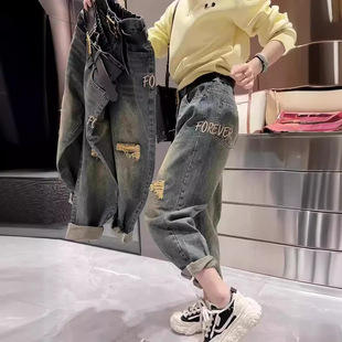 2024 Spring and Summer plus size High Waist Straight Hallen Jeans Women's chubby girl Hip Covering Loose Fake Hole Embroidered Torre Pants