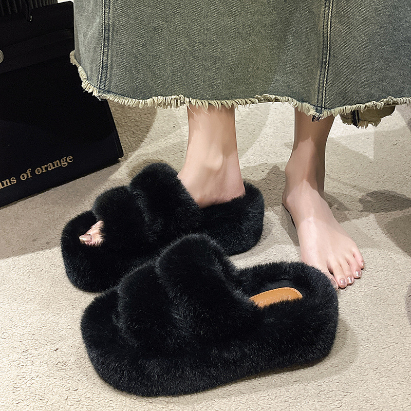 Furry Slippers for Women, 2026 New Winter Model, High-End Home Wear, Soft-Soled Thick-Soled Shoes, Height-Increasing Cross-Tie Furry Shoes