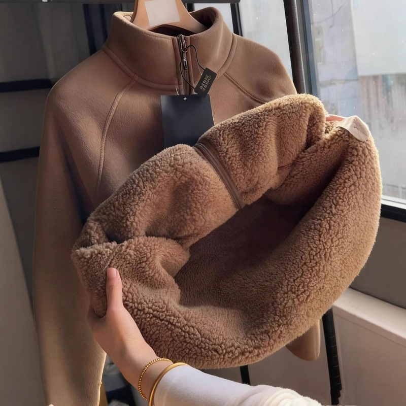 Lamb Wool Cardigan Top for Women, New Winter Fleece Jacket with Lamb Wool Lining, Thickened and Fleece-Lined for Warmth, Women's Clothing