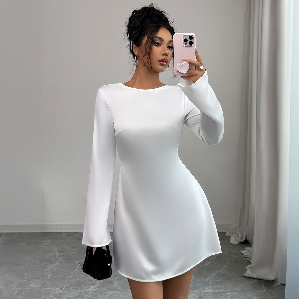 Elegant Backless Long Sleeve Party Dress For Women – Bodycon Mini Dress With Round Neck, Comfortable Polyester Fabric Versatile For Evening Events_ecoleips.com