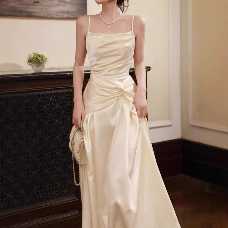 【Elegant Moran】French-Style Satin White Slip Dress with Pleated Irregular Design