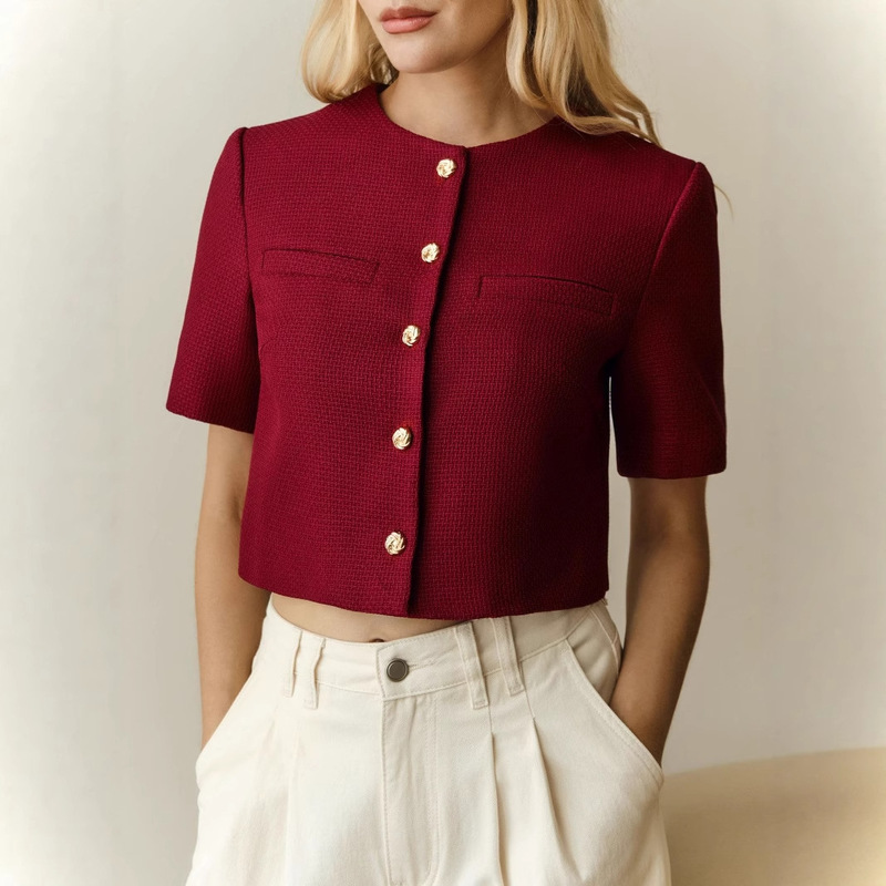 Summer and Autumn New Elegant Temperament Short Suit Jacket 2025 European and American Style Small Chanel Style Round Neck Short Sleeve Breasted Jacket for Women
