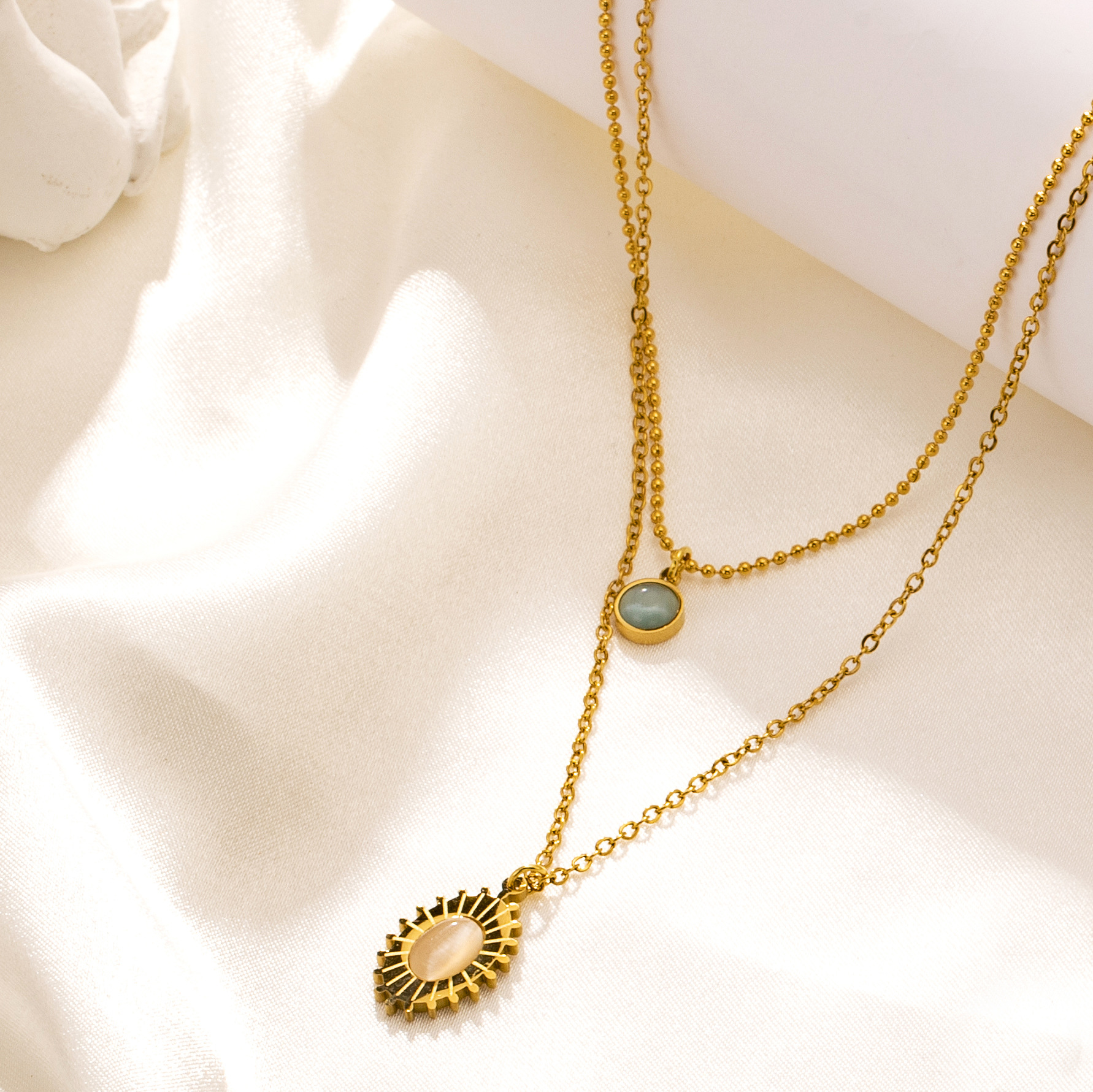 Fashion Oval Stainless Steel Titanium Steel Plating Inlay Opal Layered Necklaces 1 Piece