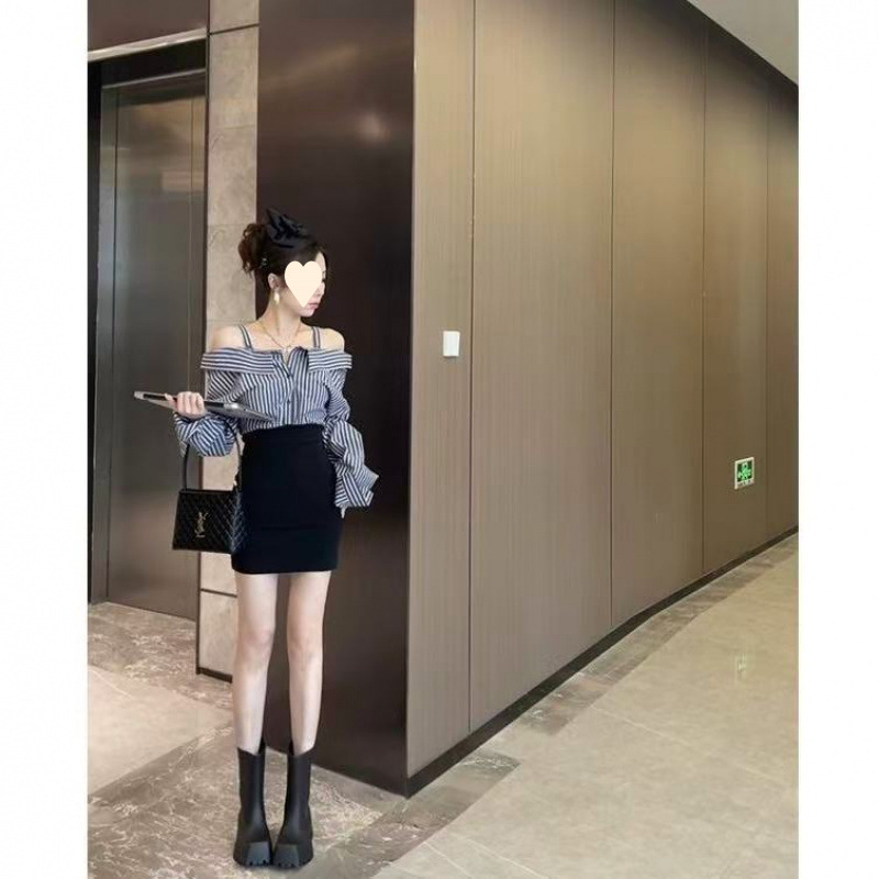 假两件拼接一字肩吊带长袖连衣裙女秋季新款短裙条纹衬衫裙子|undefined