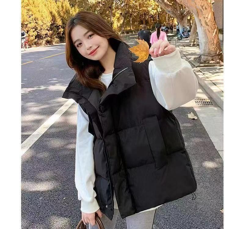 Chaqueta de chaleco de algodón negro otoño-invierno para mujeres 2025 nuevo estilo de estilo universitario corto hombre pequeño sin mangas hombro exterior image 5