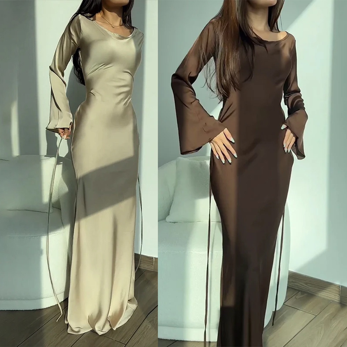 Vestido de verão 2025 transfronteiriço europeu e americano, cor sólida, gola redonda, mangas compridas, estilo nacional com amarração, estilo preguiçoso, com cintura.
