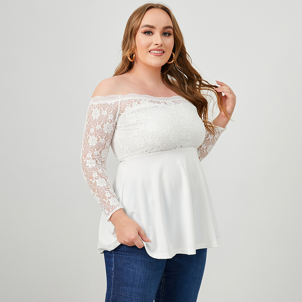 Plus Size One-Word Neck Long Sleeve Solid Color Flower Lace Top NSWCJ112806