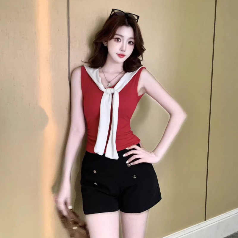Summer Korean-Style Pony Embroidery Navy Collar Shawl Tie Color-Blocking Knit Vest Women's Slim-Fit Slimming T-Shirt Top