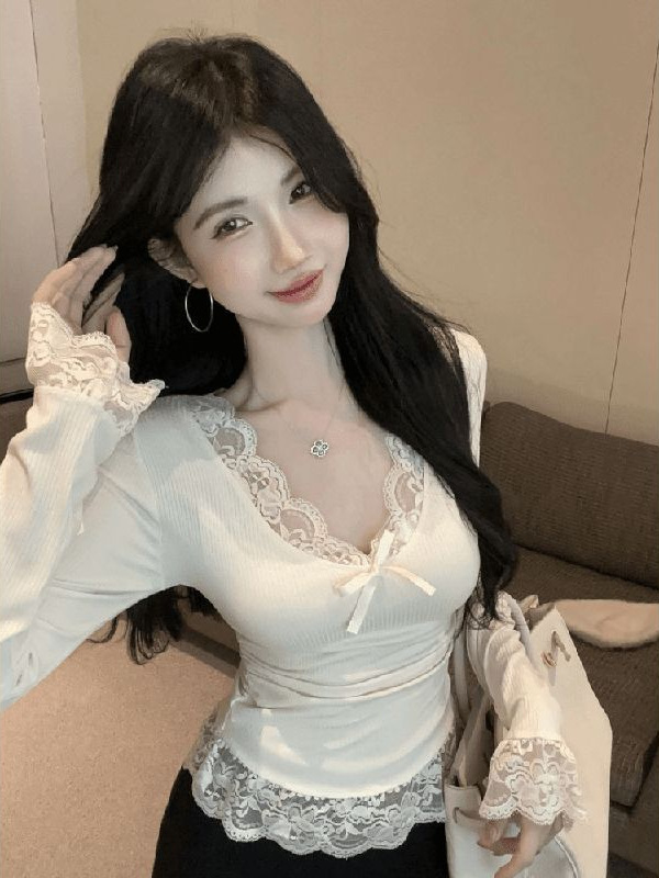 甘いギャルの純粋な欲レースの辺の長袖のtシャツの女性の早秋の内は底のシャツを掛けて身を修めます。|undefined