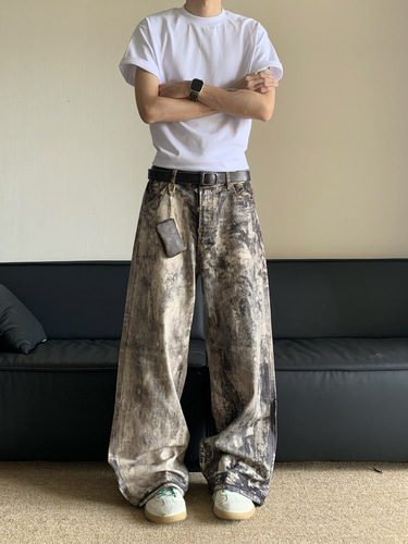 American-style 3D digital camo print denim pants for men, new for spring and summer, distressed low-rise wide-leg casual pants for women