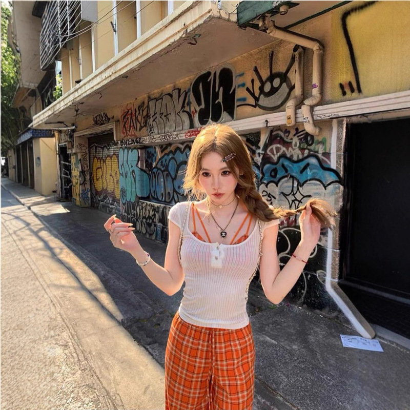 891,934 # Summer New Pure Desire Two-Piece Set with See-Through Button Short T-Shirt, Slim Fit with Ice Silk Plaid Chest Wrap