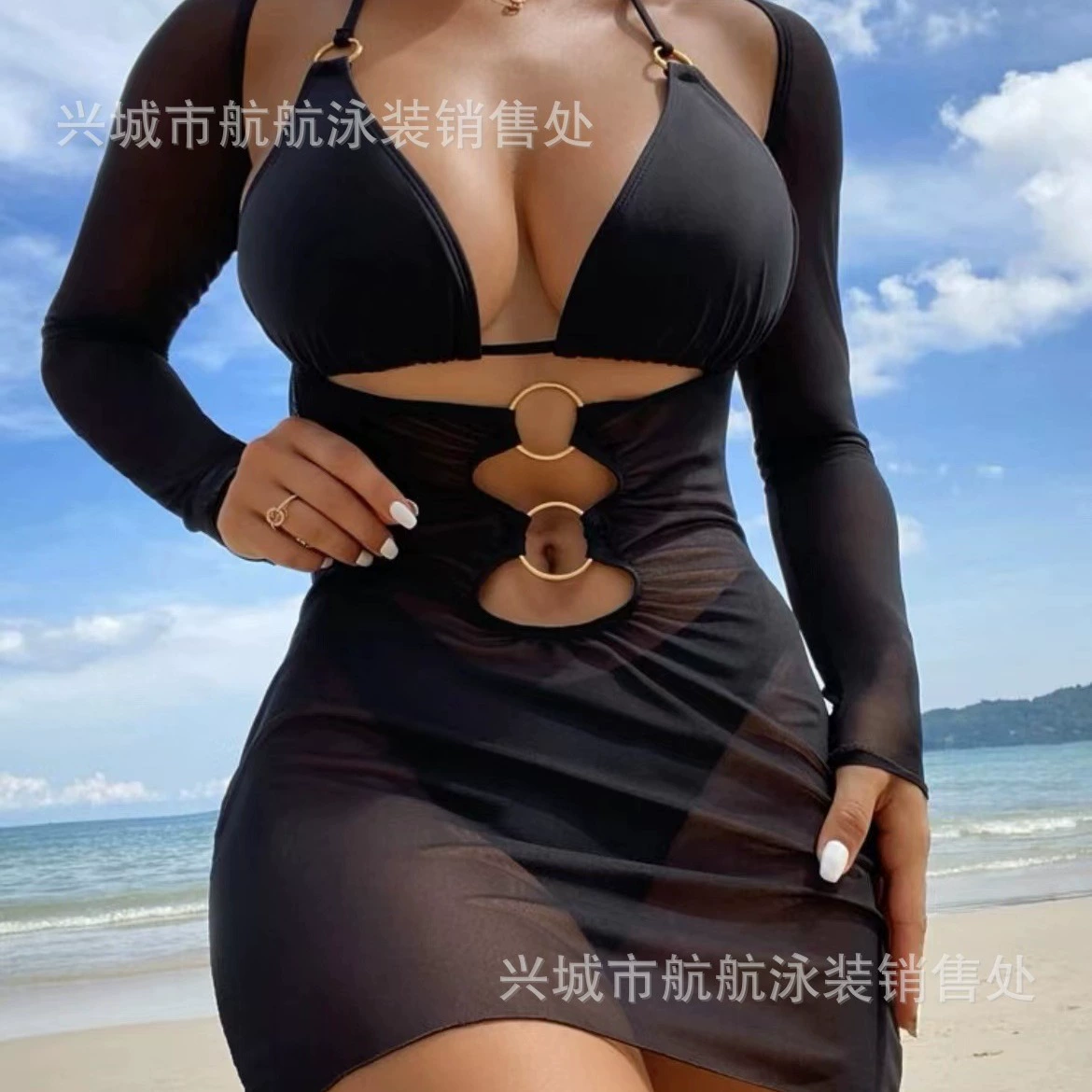 Swimwear, set, sexy multicoloured split long-sleeve, 3 piece set, sun protection, European style, Aliexpress, Amazon