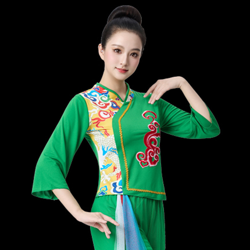 广场舞服装套装春夏陕北秧歌舞女腰鼓伞舞表演服民族风演出服长袖|undefined