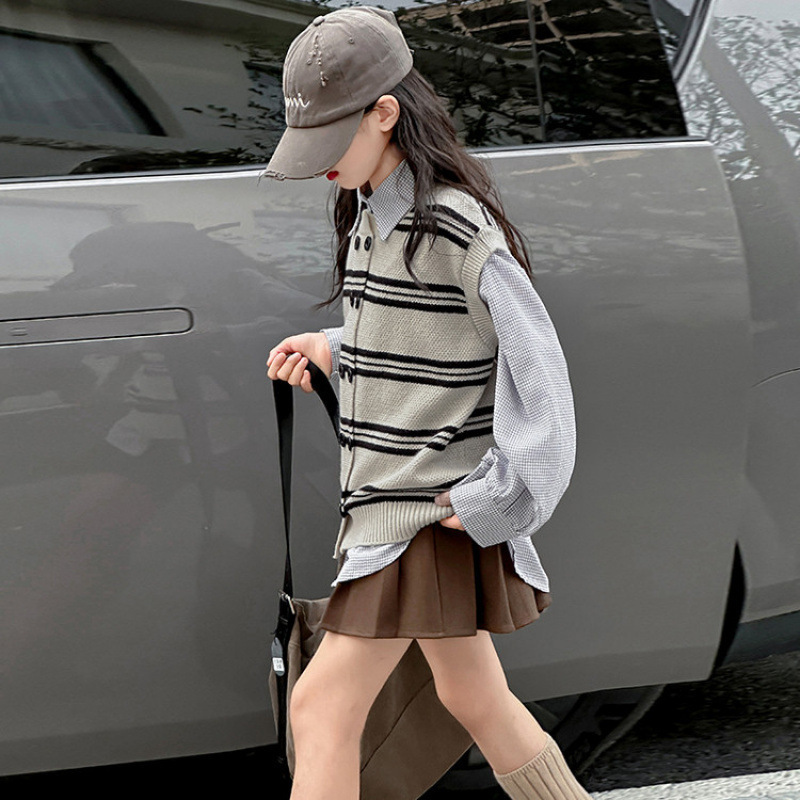 女童针织毛衣马甲衬衫秋季2025新款儿童韩系洋气大童早秋穿搭套装|undefined