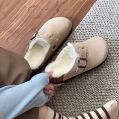 【youshilai】厚底大碼博肯鞋女2023秋冬加絨保暖皮毛一體半拖鞋
