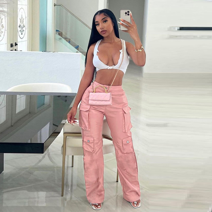 Summer Women Clothing Work Clothes Poly Urethane Leather Sexy High Waist  Street Shooting Straight Casual Trousers | FondMart
