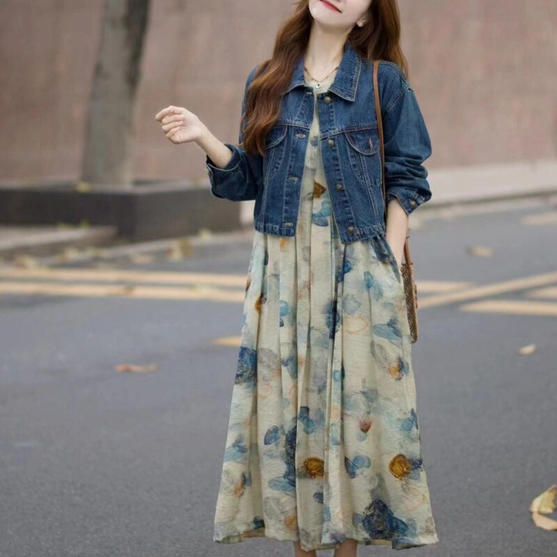 Autumn 2026 New Style Salt-Style Mature Fashion Youthful Ink Painting Dress with Denim Short Jacket Two-Piece Set