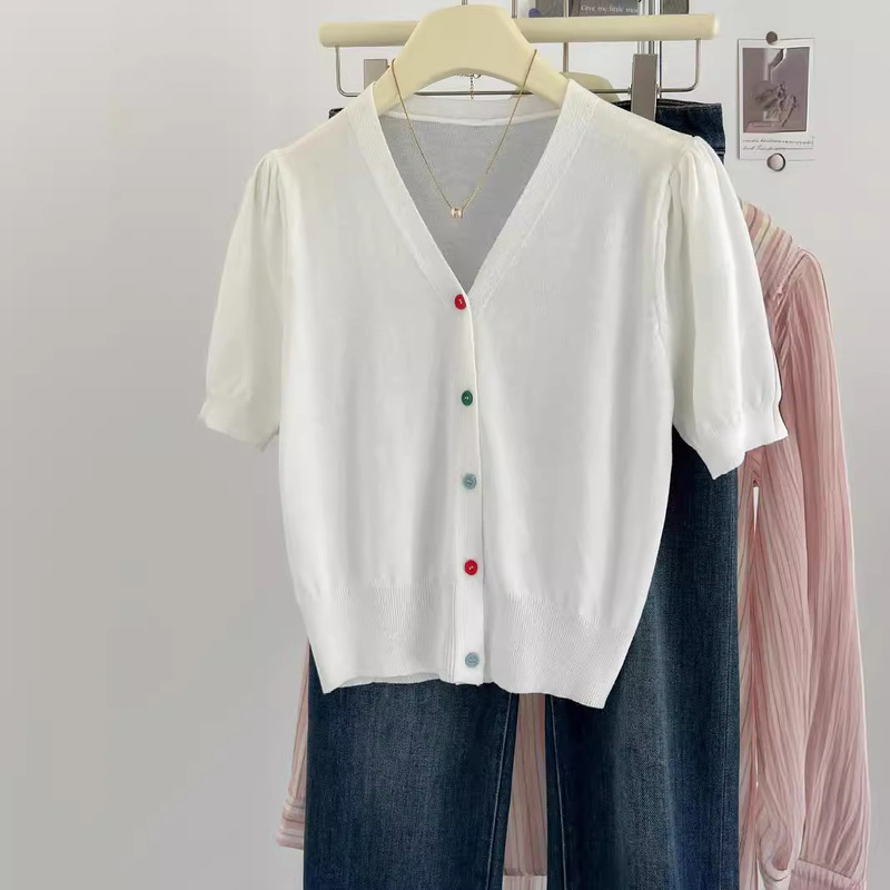 Real shot ~ 2024 new sweet v-neck short sleeve sweater women's summer