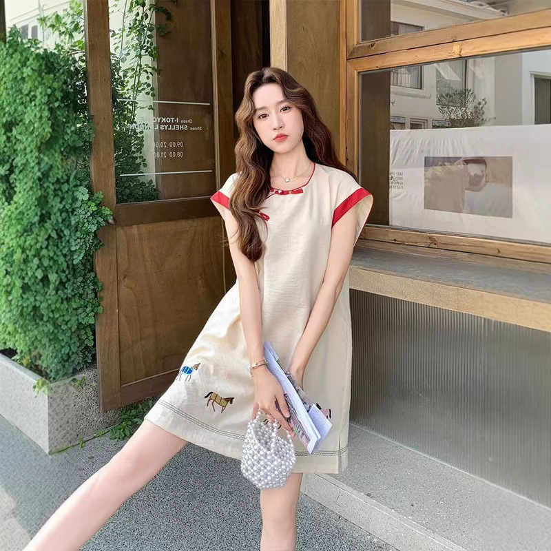 New Chinese-Style Fashionable and Beautiful Little Horse Embroidery Dress for Women, Summer Style, Gentle Sleeveless T-Shirt Dress for Petite Figures New Chinese-Style Fashionable and Beautiful Little Horse Embroidery Dress for Women, Summer Style, Gentle Sleeveless T-Shirt Dress for Petite Figures