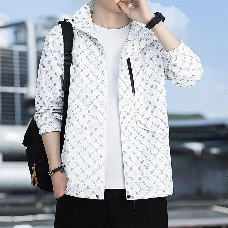 Chaqueta con capuz para hombres de otoño nuevo estilo juvenil coreano impresión completa chaqueta casual suelta impermeable