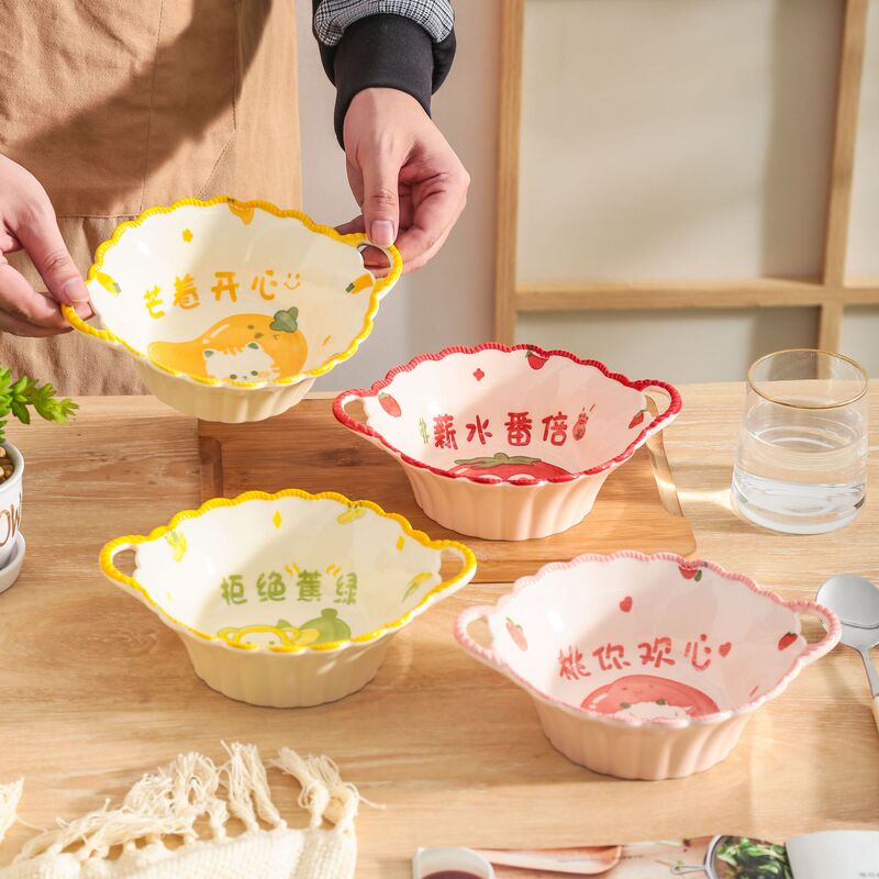 Internet celebrity cute fresh ceramic bowl high-looking household instant noodle bowl soup bowl creative binaural baking bowl tableware wholesale Internet celebrity cute fresh ceramic bowl high-looking household instant noodle bowl soup bowl creative binaural baking bowl tableware wholesale