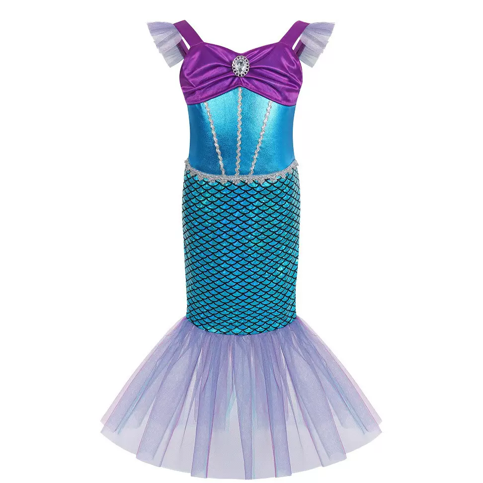 欧美女童美人鱼连衣裙女孩小飞袖亮片无袖鱼尾裙圣诞节演出服