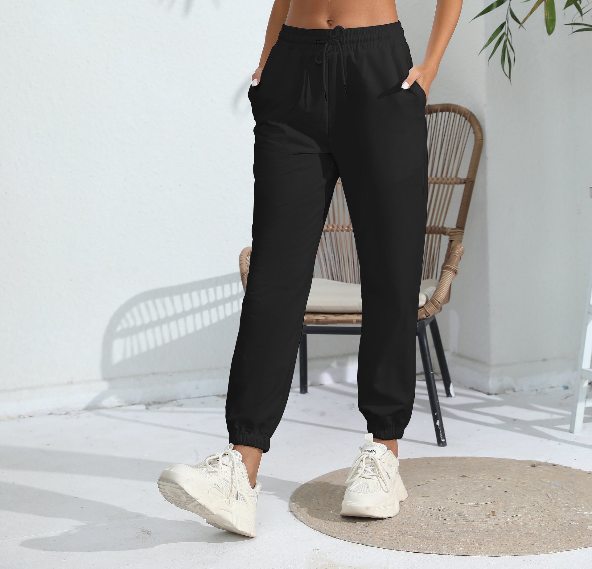 Pantalon de survêtement en polaire noir pour femmes, décontracté, jogging, sport, taille haute, pieds amples, pour la maison_voghion.com